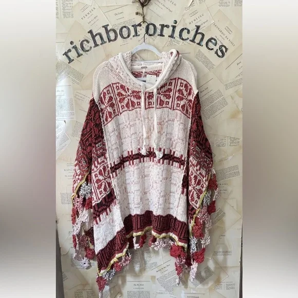 Free People Craft Poncho Sweater Hooded Drawstring Gardenia Spice Combo - Picture 5 of 6